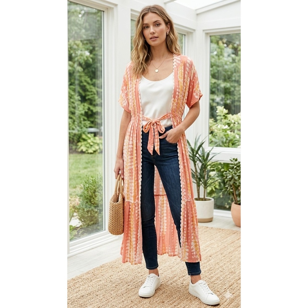 Blue Island Tie Dye Boho Hippie Maxi Kimono Size M